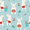 Seamless pattern with rabbits and kitchen accessories, food. Vector illustrations