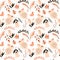 Seamless pattern with rabbits, lady bugs, birds and flowers