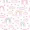 Seamless pattern with rainbow heart and cloud in pastel color. Childish decorative art