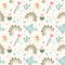 Seamless pattern with rainbows, birds, hearts, cabochon, magic wand, candies on a white background.