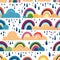 Seamless pattern with rainbows, clouds and raindrops. Vector illustration. Generative AI