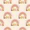 Seamless pattern, rainbows with the word love on a pink background. Retro groove design 70s style. Print, textile