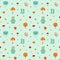 Seamless pattern with raincoat, rubber boots, umbrella, kawaii cloud, tree