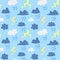 Seamless pattern with rainy clouds and thunderbolt lightning