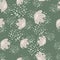 Seamless pattern with random grey flowers in kids style print. Pastel green background with splashes