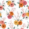 Seamless pattern with ranunculus flowers, spiral eucalyptus and alstroemeria. Decorative holiday floral background.