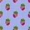 Seamless pattern with raspberries on blue background. Continuous one line drawing raspberries. Black line art on blue background