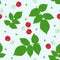 Seamless pattern with raspberries and green raspberry leaves on a white field.