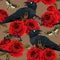 Seamless pattern with raven, hawk moths and roses