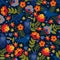 Seamless pattern with raven, symbols of the heart and flowers. Background with flat shapes in blue, green, red, orange and yellow