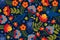 Seamless pattern with raven, symbols of the heart and flowers. Background with flat shapes in blue, green, red, orange and yellow