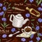 Seamless pattern with Realistic Botanical color sketch of chicory flowers, powder, teapot, tea cup and spoon isolated on