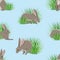 Seamless pattern. Realistic hares in green grass. Spring in Europe and America