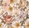 Seamless pattern realistic isolat flowers Vintage background Chamomile Rose hibiscus Drawing engraving Vector fabric illustration