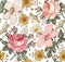 Seamless pattern. Realistic isolated flowers. Vintage background. Chamomile Rose hibiscus mallow. Wallpaper. Drawing engraving.