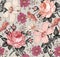 Seamless pattern. Realistic isolated flowers. Vintage background. Chamomile Rose hibiscus mallow. Wallpaper. Drawing engraving.