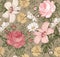 Seamless pattern. Realistic isolated flowers. Vintage background. Chamomile Rose hibiscus mallow. Wallpaper. Drawing engraving.