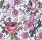 Seamless pattern. Realistic isolated flowers. Vintage background. Chamomile Rose hibiscus mallow. Wallpaper. Drawing engraving.