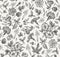 Seamless pattern. Realistic isolated flowers. Vintage background Petunia primavera hibisc Drawing engraving Vector