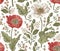 Seamless pattern realistic isolated flowers Vintage background Poppy Croton Drawing engraving Vector fabric illustration