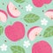 Seamless pattern. Red apple juicy fruits leaves and flowers on shabby background.