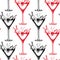 Seamless pattern, red and black martini glasses with cherries and splashes. Print, background, textile, wallpaper