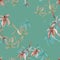 Seamless pattern of red and blue flowers of lily on a deep turquoise background. Watercolor