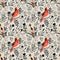 Seamless pattern with red cardinal and branches. Holiday watercolor illustration. Repeated pattern background with birds and flor