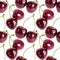 Seamless pattern of red cherry berries on white background isolated close up, beautiful burgundy bing cherries berry ornament