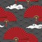 Seamless pattern of red Chinese folding fans on Chinese wave circle background. Design for Chinese New Year.