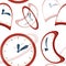 Seamless pattern. Red clock faces with blue pointers. Deformed and distorted clock face. Flat vector illustration on white