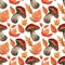 Seamless pattern with red cup boletus and fall leaves. Watercolor background with orange cap mushrooms, oak, maple, birch leaf for