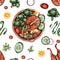 Seamless pattern with red fish and vegetables. Cucumber, broccoli, onion, lemon. Texture for the design of cafes, bars