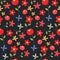 Seamless pattern of red flowers and butterfly on black background. Romantic vibrant texture for summer cover