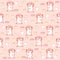 Seamless pattern with red funny shaggy monsters and yellow,pink and red ice creames,donuts and cakes on a pink background