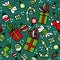 Seamless pattern with red gift boxes, socks, christmas balls and sweets on green background