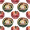 Seamless pattern with red and green tomatoes drawn by hand with colored pencil