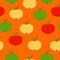 Seamless pattern. Red, green, yellow apples. Orange background. Vegan or vegetarian. Healthy lifestyle. Nature and ecology.