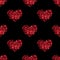Seamless pattern red heart made of flower petals black background isolated, beautiful heart shape repeat ornament, valentines day