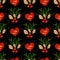 Seamless pattern with red hearts, beige leaves, red holly berries and fir brunches on the dark background.