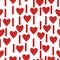 Seamless pattern of red hearts with small hearts inside and vertical rectangular strokes, bright doodle valentines on a white