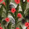 Seamless pattern, red hibiscus flowers and green palm bananas leaves on green background