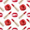 Seamless pattern red kiss print, lipstick, rose flower white background isolated, roses flowers, golden lipsticks, lips makeup