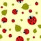 Seamless pattern with red ladybugs and green leaves