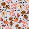 Seamless pattern of red leaves and acorns of canadian northern oak on a lilac background