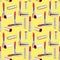 Seamless pattern of red lipstick in golden tube on yellow background isolated, shiny gold open and closed pink lipsticks, cosmetic