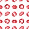 Seamless pattern of red lipstick kiss print on white background isolated, sexy pink lips makeup marks repeating ornament