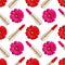 Seamless pattern of red lipstick and pink gerbera flower on white background isolated, daisy flowers and golden lipsticks ornament