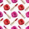Seamless pattern of red lipstick and pink rose flower on white background isolated, roses flowers and golden lipsticks ornament