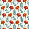 Seamless pattern of red Marygold flowers and leaves in hand painted style